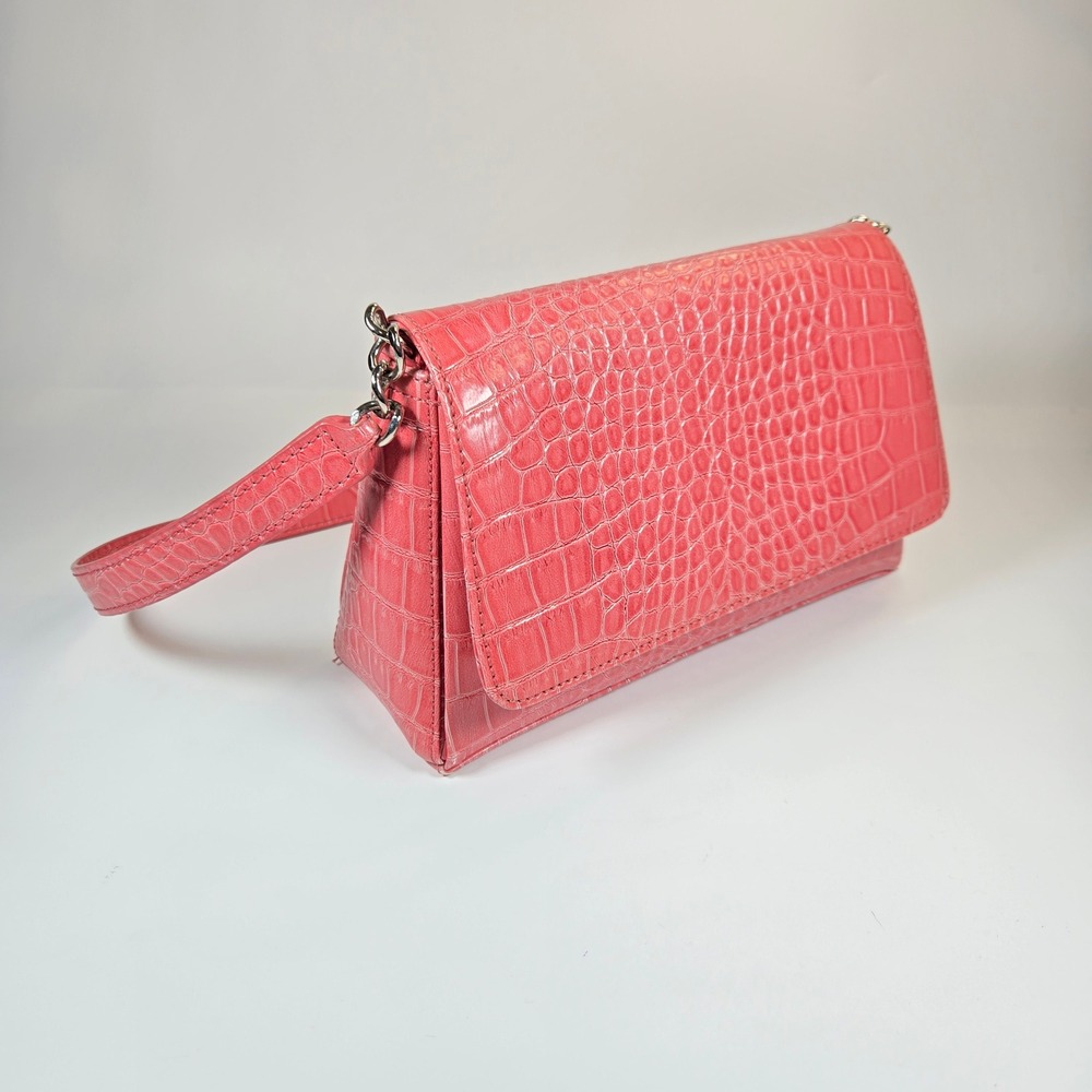 Vtg Liz Claiborne Coral Pink Croc Embossed Faux Leather Flap Shoulder Bag Y2K